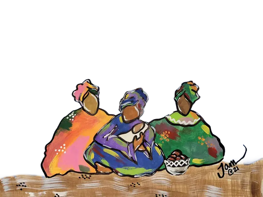 A painting of three women seated in front of a colorful sky